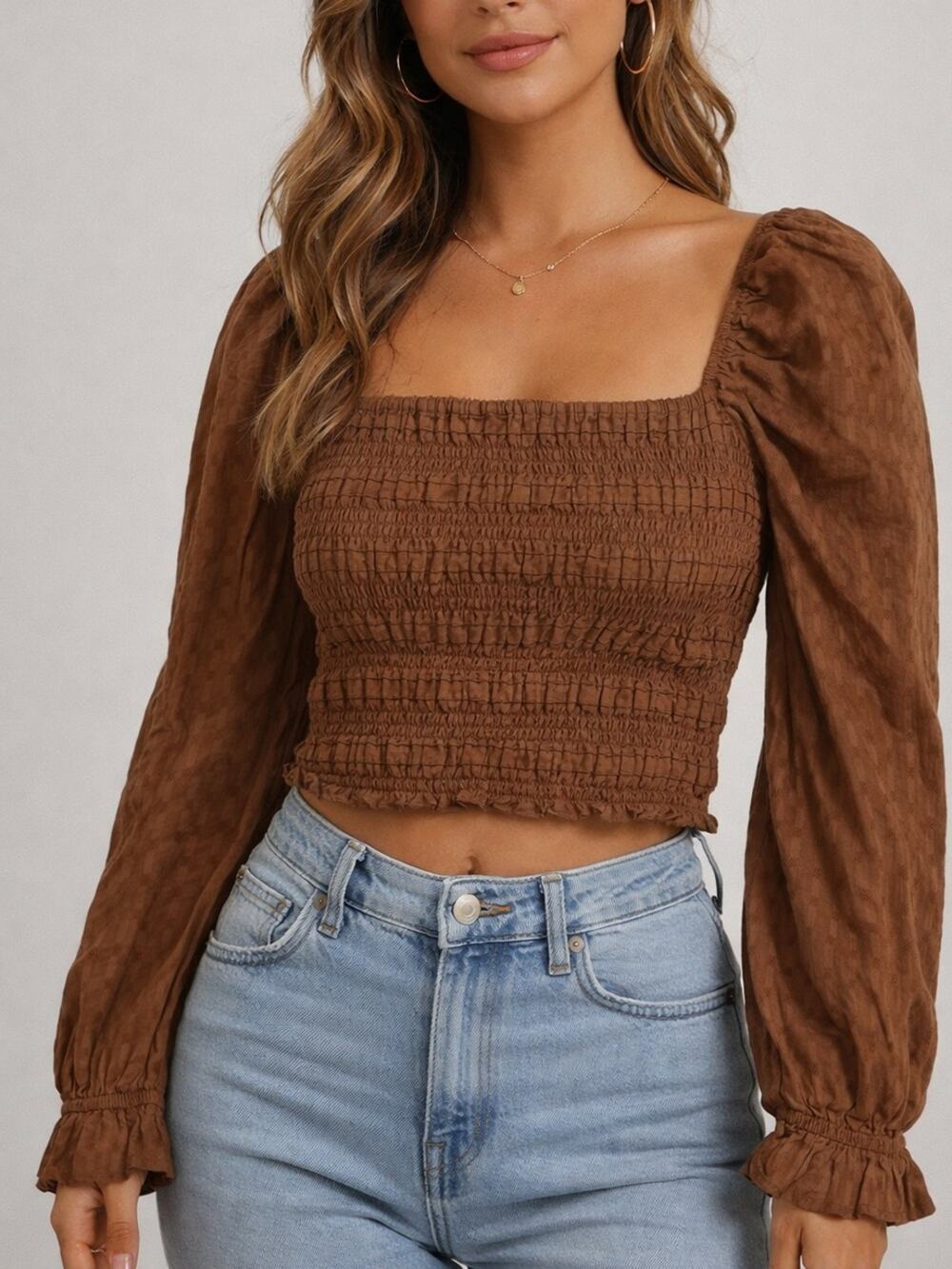 American Eagle Brown Puff Sleeve Stretchy Long Sleeve Square Neck Blouse Top M